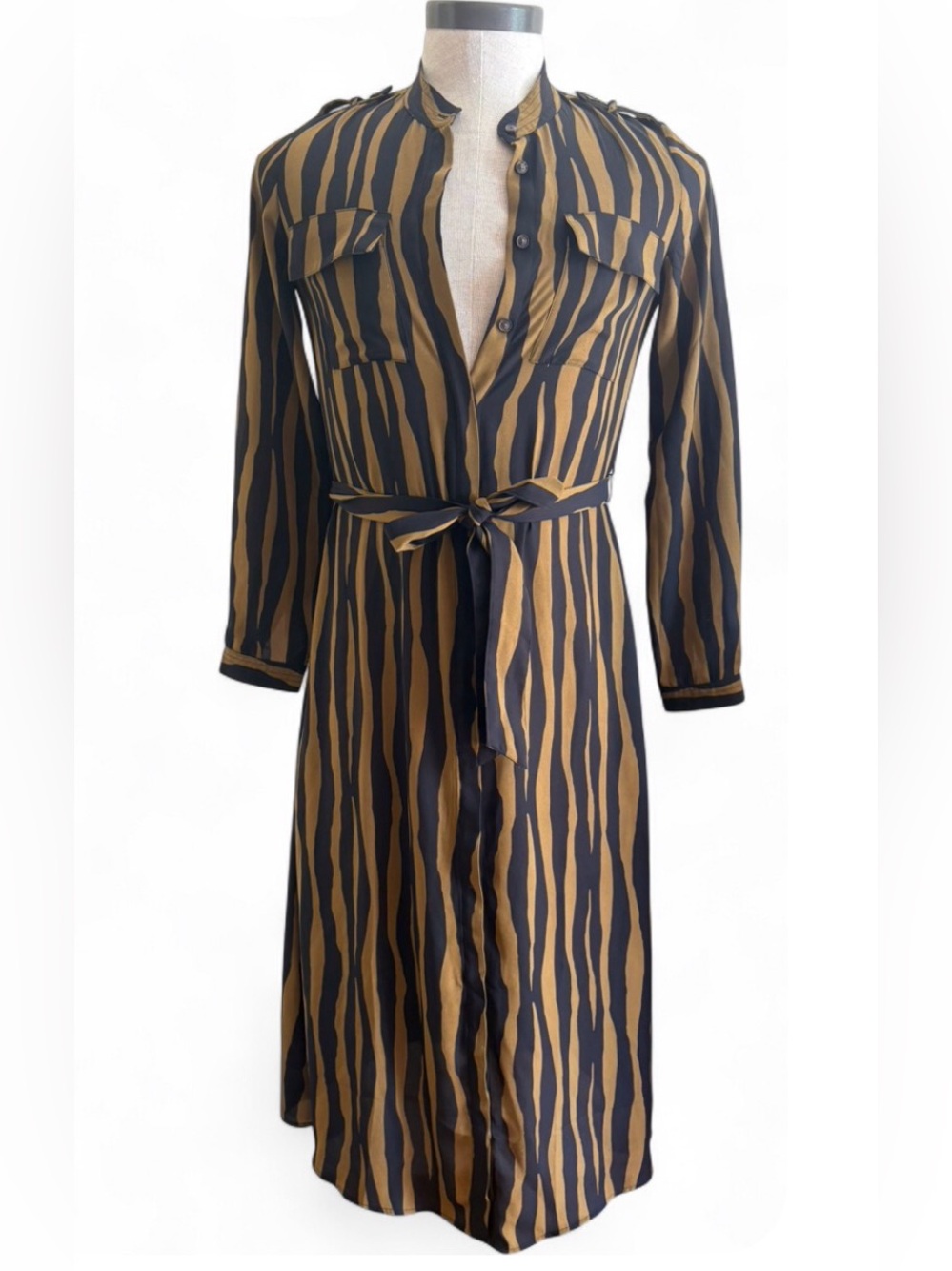 Banana Republic Long Sleeve Zebra-Stripe Shirt Dress in Black and Brown